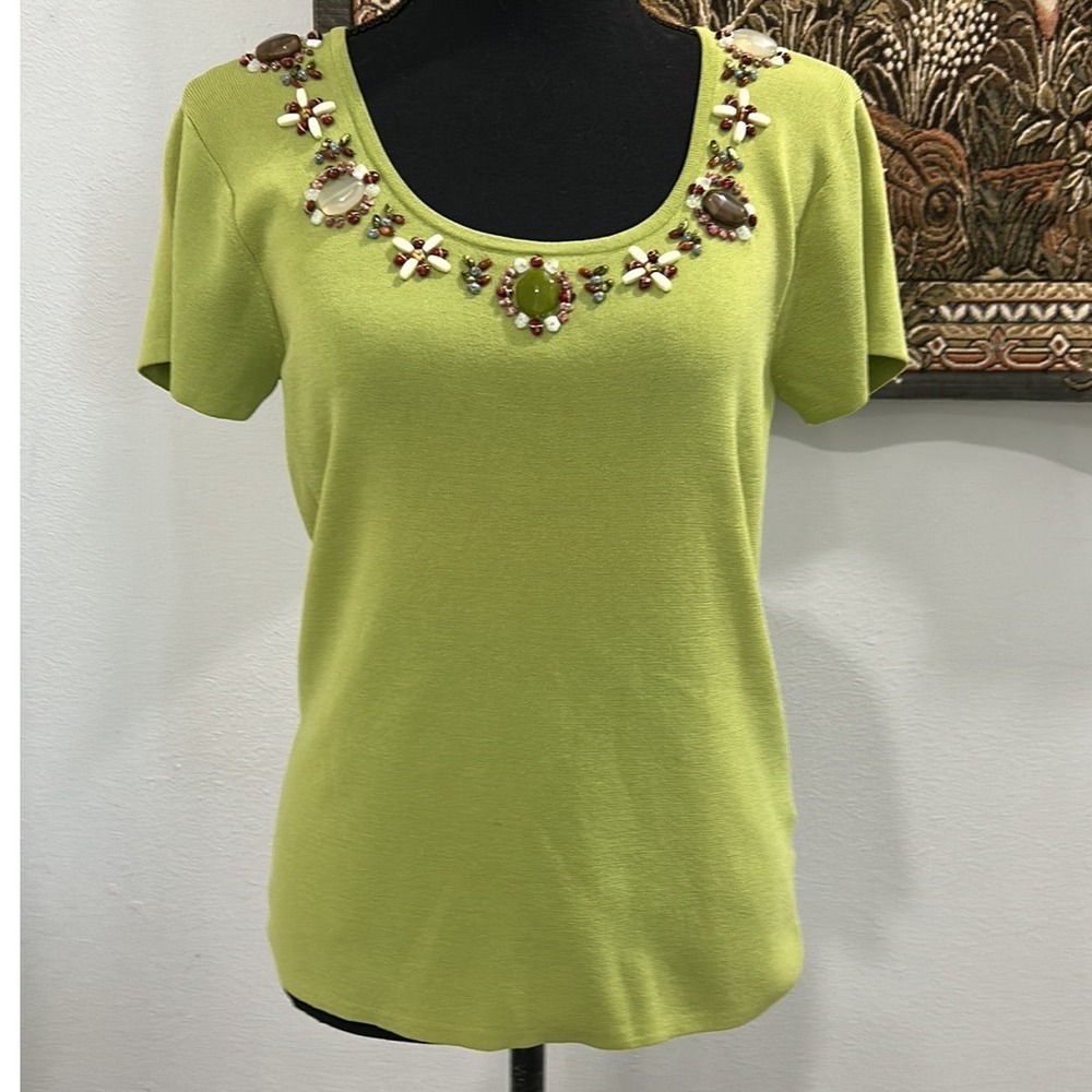 Multiples Embellished Jewel Neck Knit Top Chartreuse Green Short Sleeve Size S